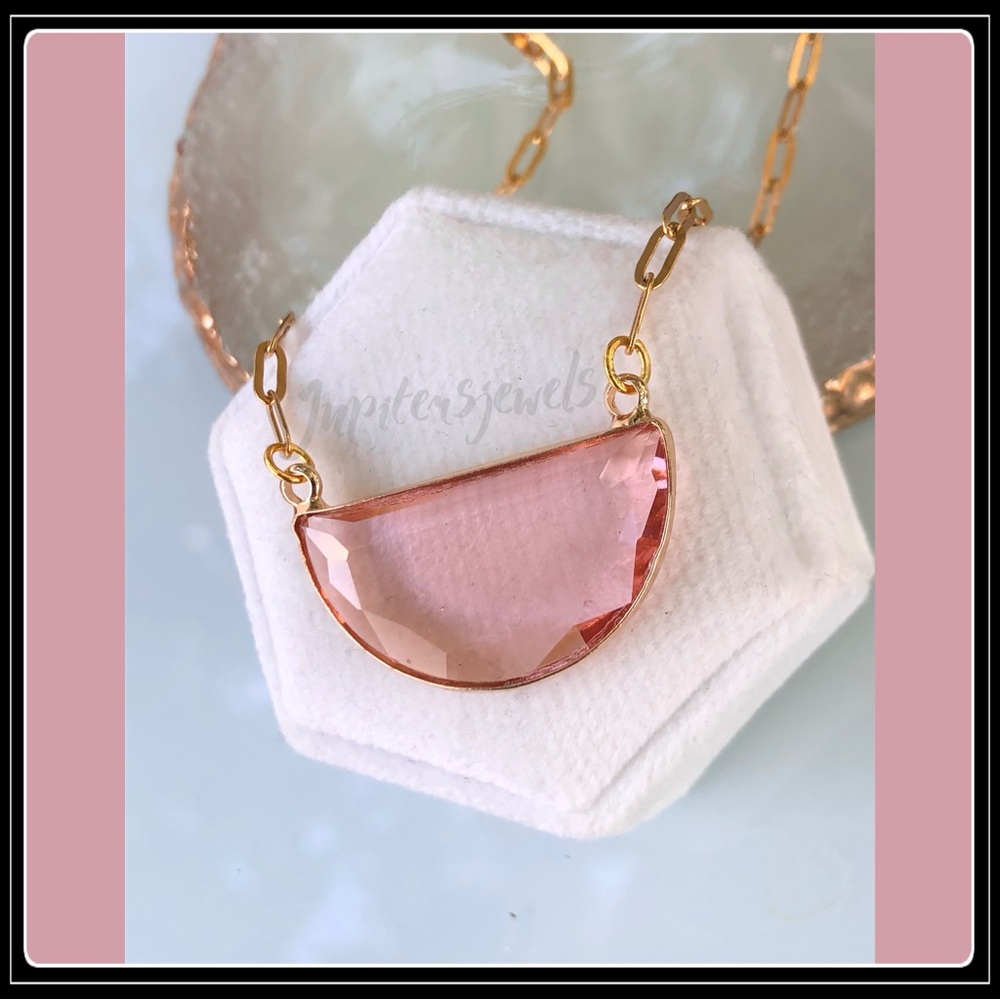 NEW 14K GOLD BLUSH PINK CRYSTAL ARC PAPERCLIP BOHO NECKLACE